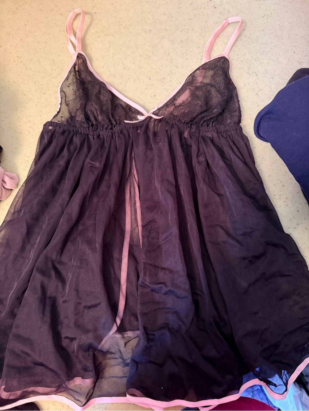 Victoria's Secret Black Sheer Lace Babydoll with Pink Trim